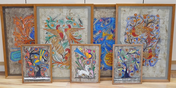 Seven colourful and decorative Egyptian mixed medias on papyrus paper, Birds amongst stylised flowers, (possibly Polynesian/Far Eastern), largest 61 x 42cm. Condition - fair to good